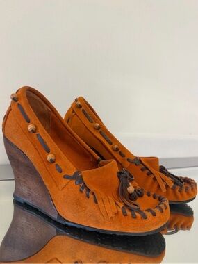 SAM EDELMAN Angelina Boho Fringe Moccasin Wedges Suede Wooden Heel 6.5 Women’s